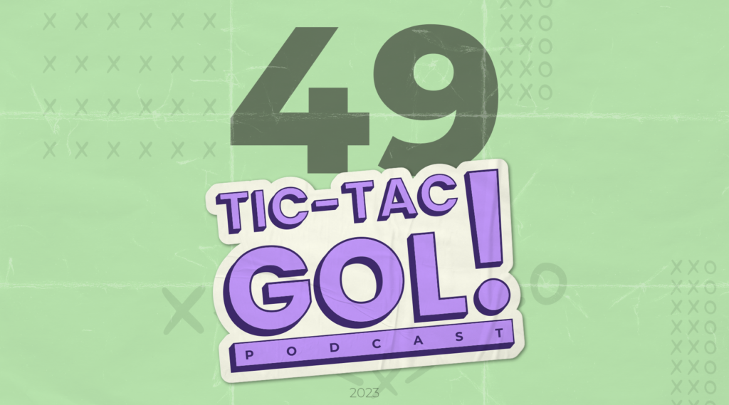 Fundo verde com o número 49 em um tom da mesma cor mais escuro. Em cima, o logo do Tic-Tac-Gol!, um podcast sobre a NHL.