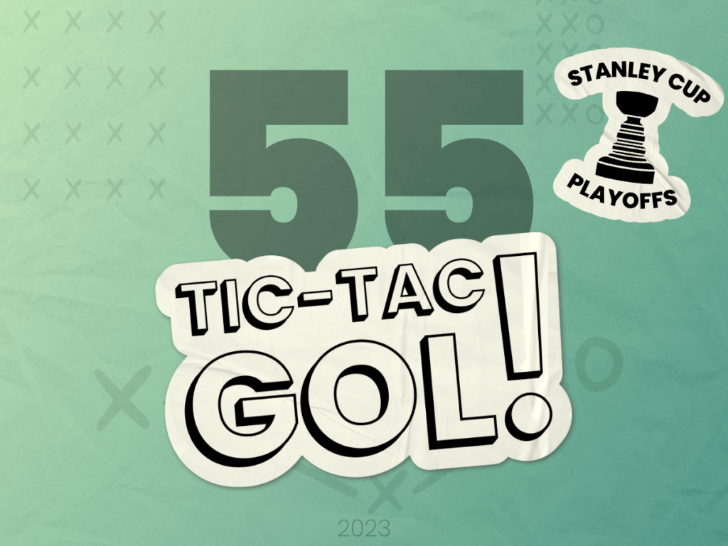Capa do "Tic-Tac-Gol! #55 - A primeira rodada da Conferência Leste nos playoffs da NHL!". Fundo com gradiente verde, número 55 em preto, logo do Tic-Tac-Gol! em branco e selo dos Playoffs da Stanley Cup.
