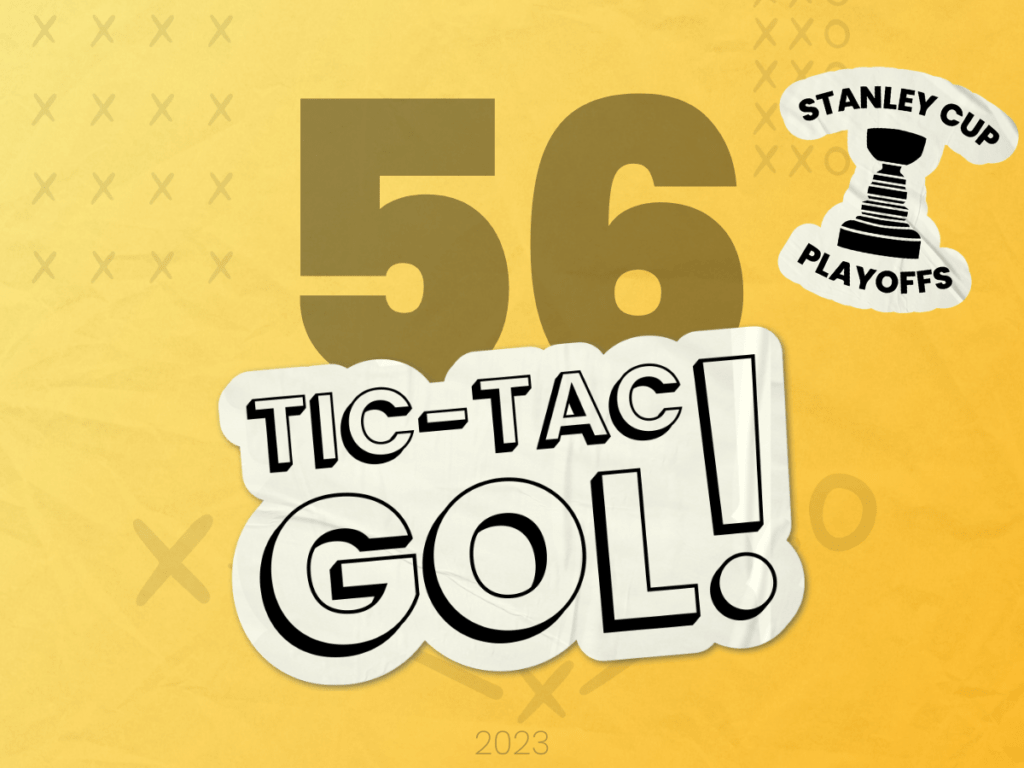 Capa do episódio "Tic-Tac-Gol! #56 - A primeira rodada da Conferência Oeste nos playoffs da NHL!". Fundo com gradiente amarelo, número 56 em preto, logo do Tic-Tac-Gol! em branco e selo dos Playoffs da Stanley Cup.
