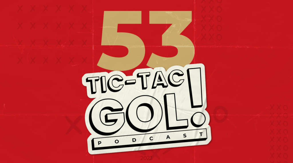 Arte do episódio 53 do Tic-Tac-Gol, com logo do podcast a frente e nas cores do Toronto Six, campeão da PHF