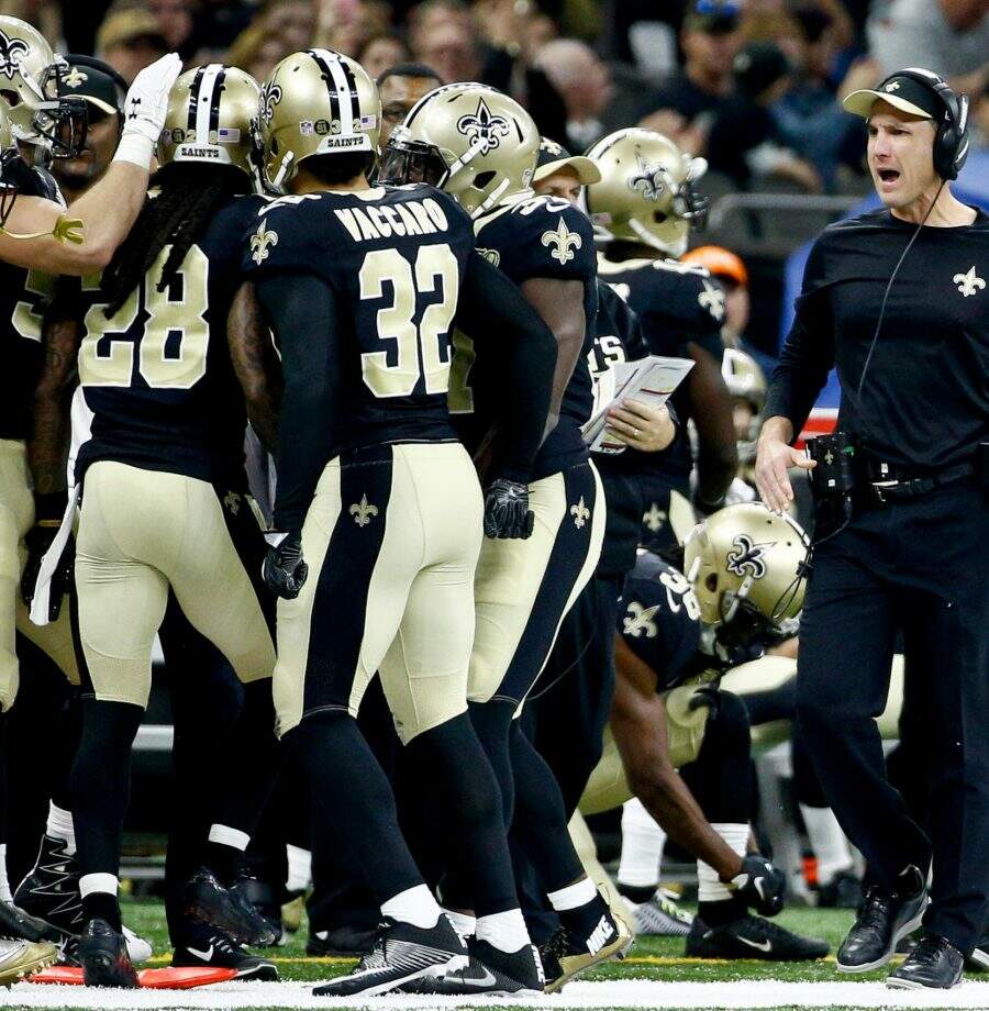 Nov 27, 2016; New Orleans, LA, USA;  New Orleans Saints defensive coordinator Dennis Allen (right) celebrates with his team following a defensive stop against the Los Angeles Rams during the first half of a game at the Mercedes-Benz Superdome. Mandatory Credit: Derick E. Hingle-USA TODAY Sports