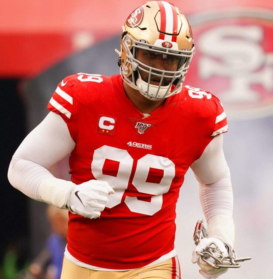 SANTA CLARA, CALIFORNIA - JANUARY 19: DeForest Buckner #99 of the San Francisco 49ers runs onto the field prior to the start of the NFC Championship game against the Green Bay Packers at Levi's Stadium on January 19, 2020 in Santa Clara, California. (Photo by Thearon W. Henderson/Getty Images)