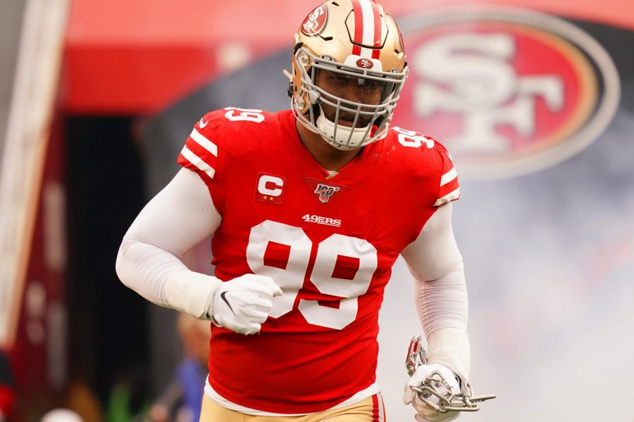 SANTA CLARA, CALIFORNIA - JANUARY 19: DeForest Buckner #99 of the San Francisco 49ers runs onto the field prior to the start of the NFC Championship game against the Green Bay Packers at Levi's Stadium on January 19, 2020 in Santa Clara, California. (Photo by Thearon W. Henderson/Getty Images)