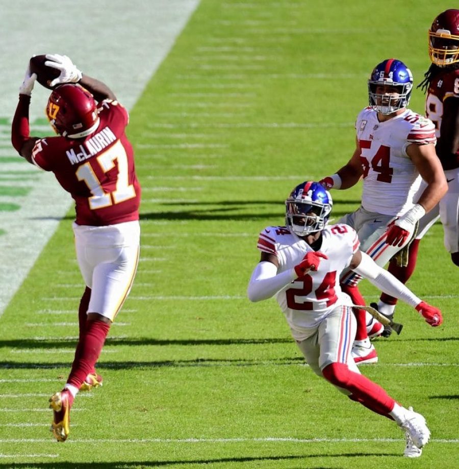 LANDOVER, MARYLAND - NOVEMBER 08: Terry McLaurin #17 of the Washington Football Team makes a catch while being guarded by James Bradberry #24 of the New York Giants in the first quarter at FedExField on November 08, 2020 in Landover, Maryland. (Photo by Patrick McDermott/Getty Images)