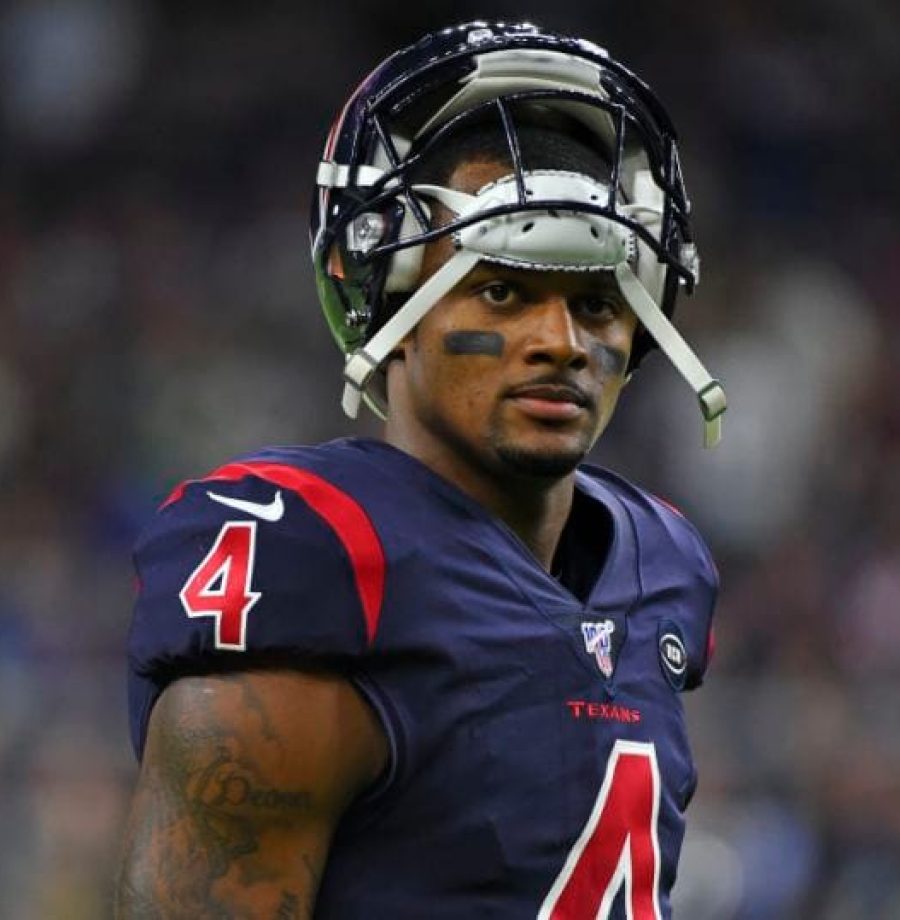 Houston Texans quarterback Deshaun Watson (4) waits as officials review a play against the New England Patriots during the second half of an NFL football game Sunday, Dec. 1, 2019, in Houston