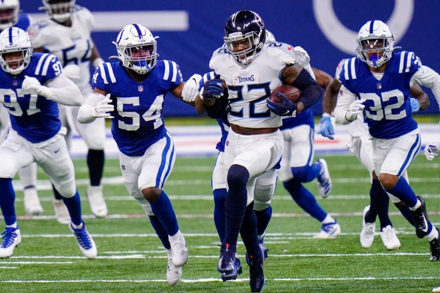Tennessee Titans running back Derrick Henry (22) runs against the Tennessee Titans in the first half of an NFL football game in Indianapolis, Sunday, Nov. 29, 2020. (AP Photo/AJ Mast)