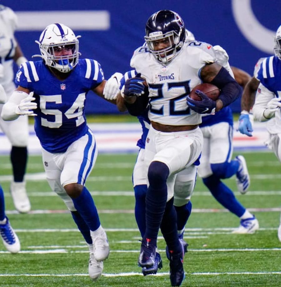 Tennessee Titans running back Derrick Henry (22) runs against the Tennessee Titans in the first half of an NFL football game in Indianapolis, Sunday, Nov. 29, 2020. (AP Photo/AJ Mast)