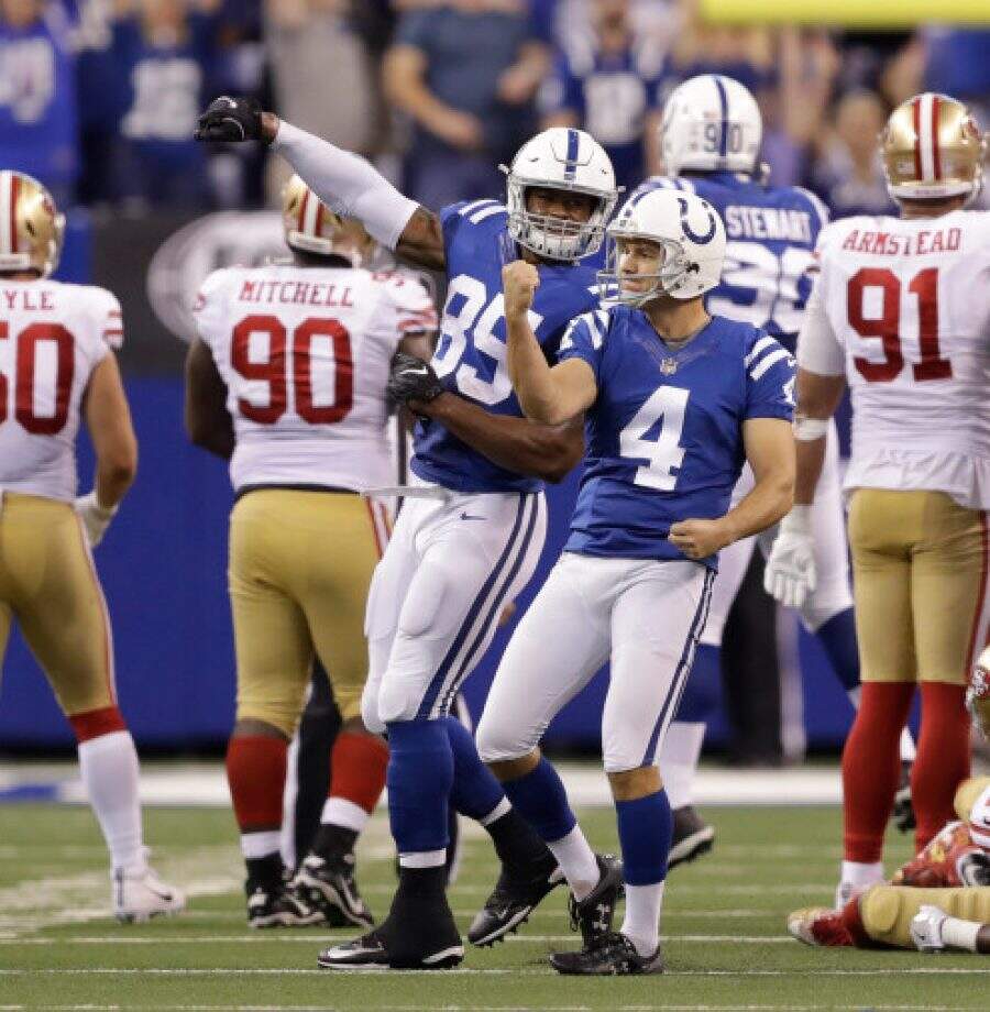 Indianapolis Colts' Adam Vinatieri (4) celebrates after kicking a game winning 51-yard field goal during overtime of an NFL football game against the San Francisco 49ers, Sunday, Oct. 8, 2017, in Indianapolis. Indianapolis won 26-23. (AP Photo/Darron Cummings)