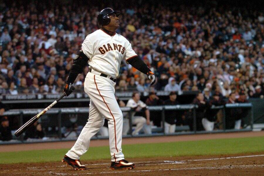 Giants left fielder Barry Bonds watches his two-run home run, # 758, off Pirates pitcher Matt Morris during the 3rd inning of their Major League Baseball game at AT&T Park in San Francisco, Calif. on Friday, August 10, 2007. (Dean Coppola/Contra Costa Times)(Digital First Media Group/Contra Costa Times via Getty Images)
