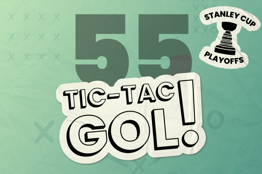 Capa do "Tic-Tac-Gol! #55 - A primeira rodada da Conferência Leste nos playoffs da NHL!". Fundo com gradiente verde, número 55 em preto, logo do Tic-Tac-Gol! em branco e selo dos Playoffs da Stanley Cup.