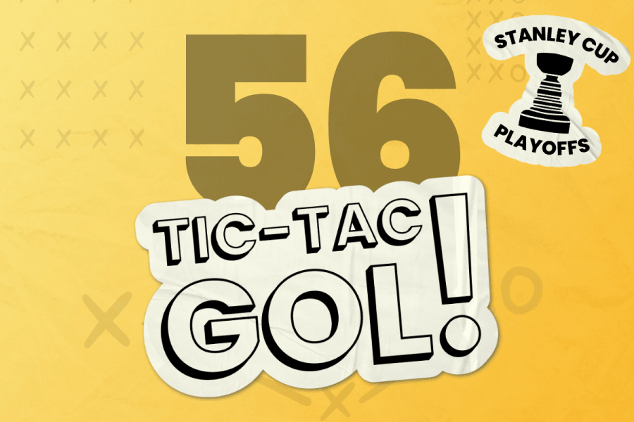 Capa do episódio "Tic-Tac-Gol! #56 - A primeira rodada da Conferência Oeste nos playoffs da NHL!". Fundo com gradiente amarelo, número 56 em preto, logo do Tic-Tac-Gol! em branco e selo dos Playoffs da Stanley Cup.