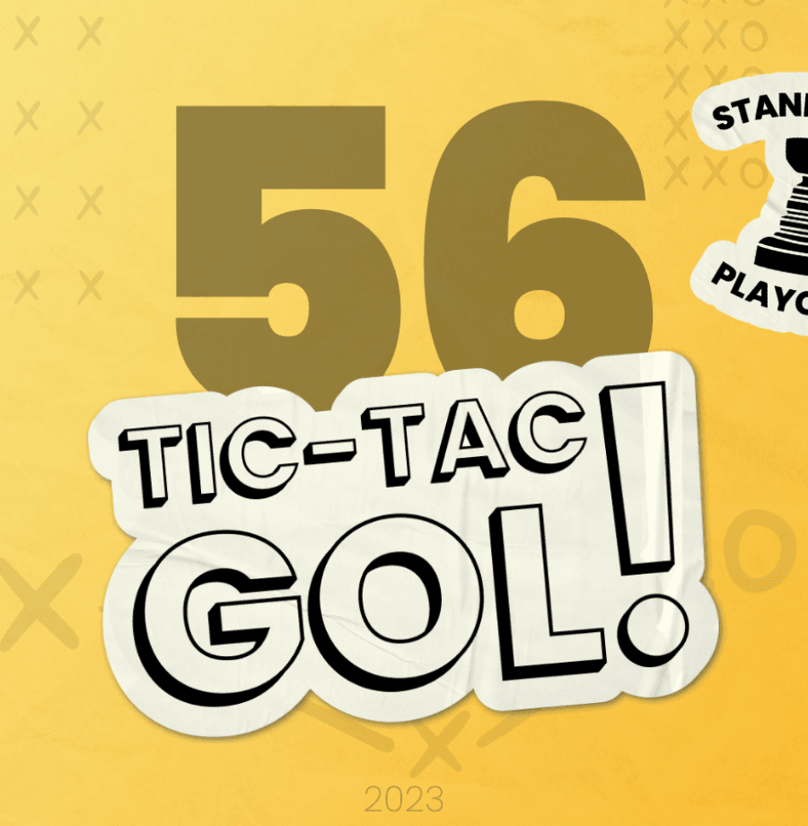 Capa do episódio "Tic-Tac-Gol! #56 - A primeira rodada da Conferência Oeste nos playoffs da NHL!". Fundo com gradiente amarelo, número 56 em preto, logo do Tic-Tac-Gol! em branco e selo dos Playoffs da Stanley Cup.