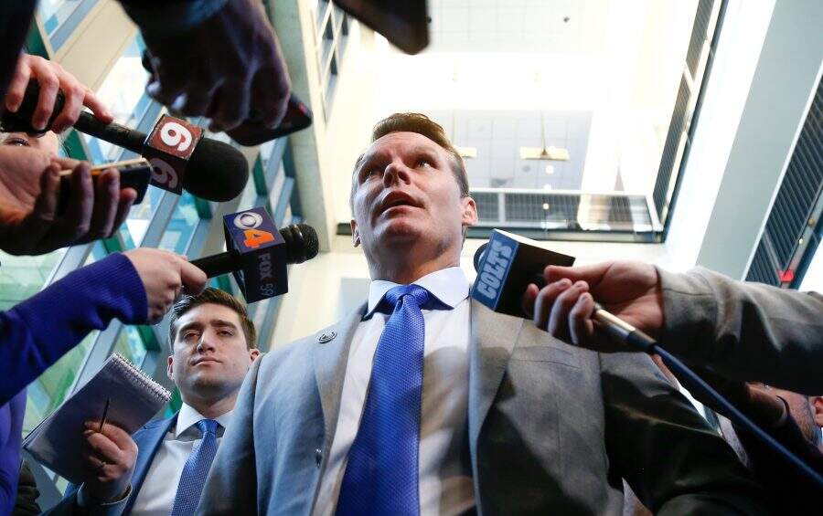INDIANAPOLIS, IN - FEBRUARY 13:  General manager Chris Ballard of the Indianapolis Colts addresses the media following a press conference introducing head coach Frank Reich at Lucas Oil Stadium on February 13, 2018 in Indianapolis, Indiana.  (Photo by Michael Reaves/Getty Images)