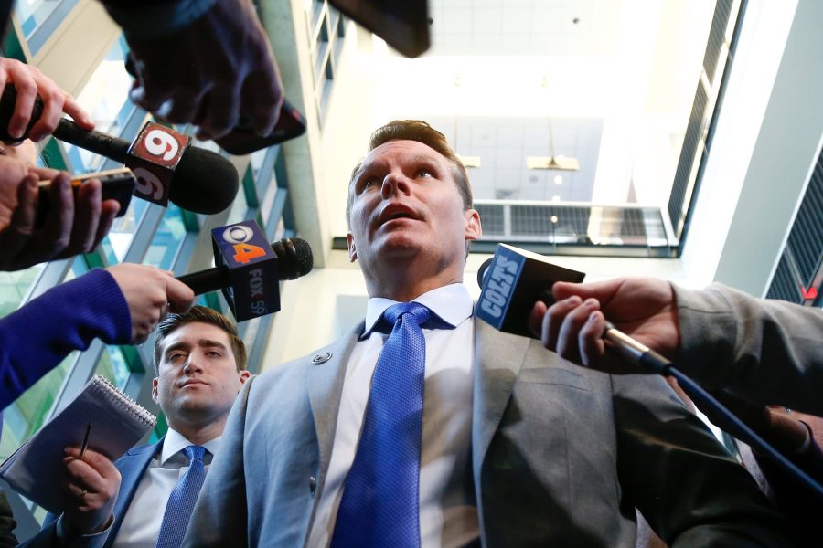 INDIANAPOLIS, IN - FEBRUARY 13:  General manager Chris Ballard of the Indianapolis Colts addresses the media following a press conference introducing head coach Frank Reich at Lucas Oil Stadium on February 13, 2018 in Indianapolis, Indiana.  (Photo by Michael Reaves/Getty Images)