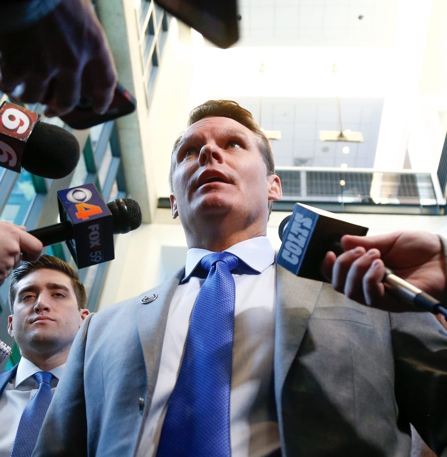 INDIANAPOLIS, IN - FEBRUARY 13:  General manager Chris Ballard of the Indianapolis Colts addresses the media following a press conference introducing head coach Frank Reich at Lucas Oil Stadium on February 13, 2018 in Indianapolis, Indiana.  (Photo by Michael Reaves/Getty Images)