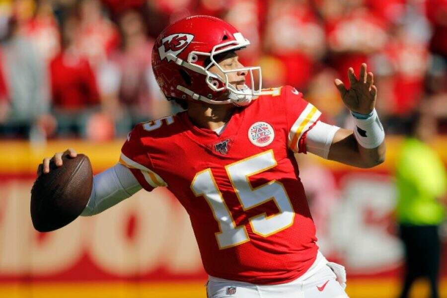 Kansas City Chiefs quarterback Patrick Mahomes (15) throws a pass during the first half of an NFL football game against the Houston Texans in Kansas City, Mo., Sunday, Oct. 13, 2019. (AP Photo/Colin E. Braley)