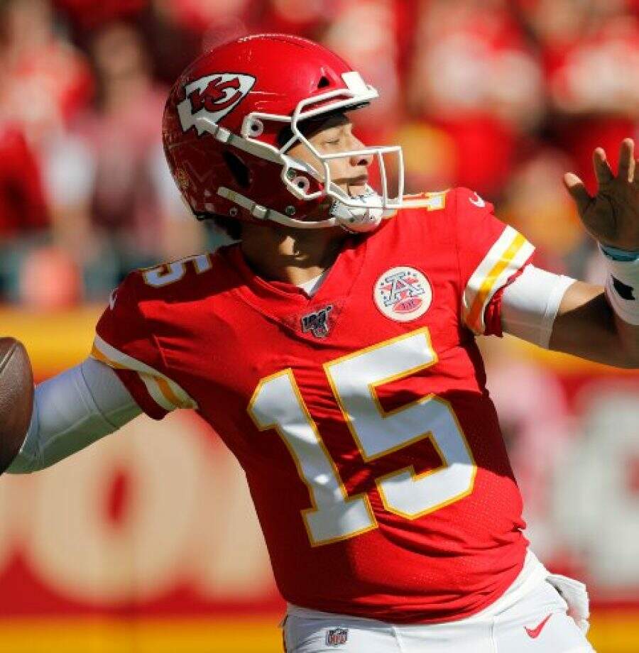 Kansas City Chiefs quarterback Patrick Mahomes (15) throws a pass during the first half of an NFL football game against the Houston Texans in Kansas City, Mo., Sunday, Oct. 13, 2019. (AP Photo/Colin E. Braley)
