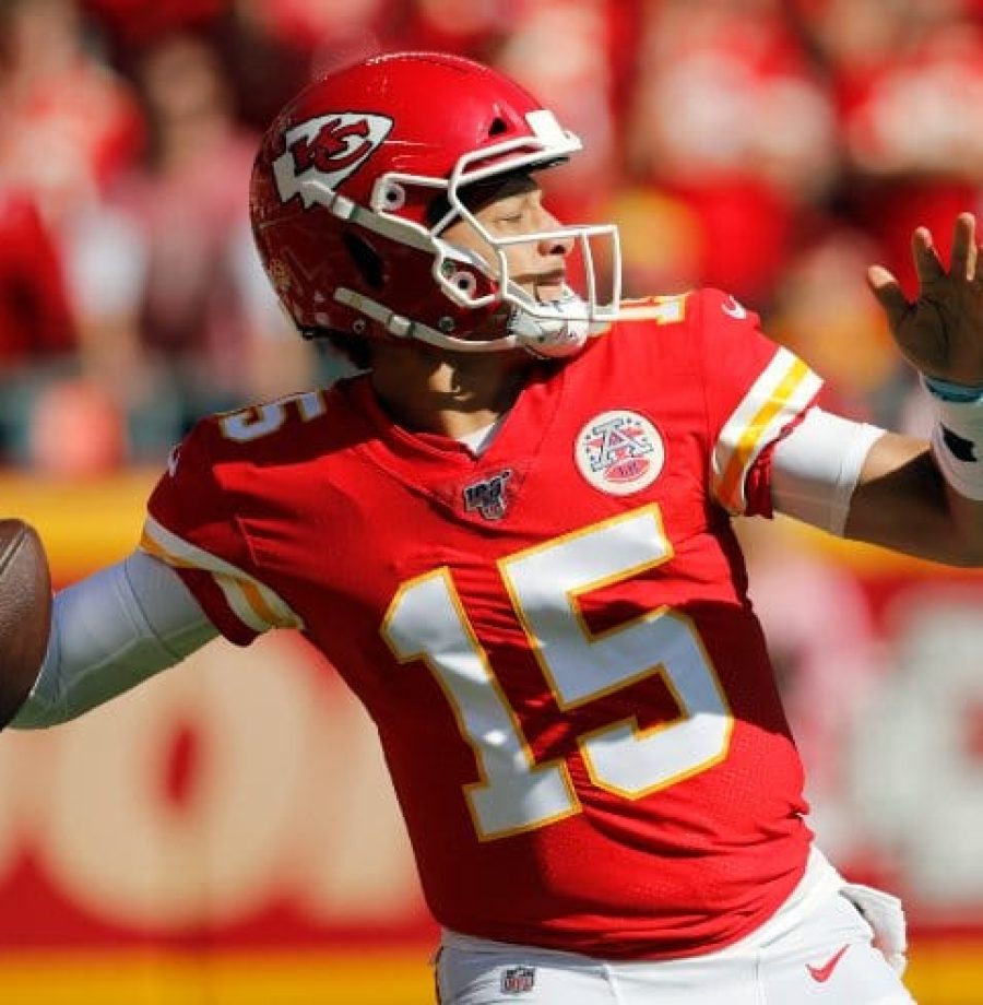 Kansas City Chiefs quarterback Patrick Mahomes (15) throws a pass during the first half of an NFL football game against the Houston Texans in Kansas City, Mo., Sunday, Oct. 13, 2019. (AP Photo/Colin E. Braley)