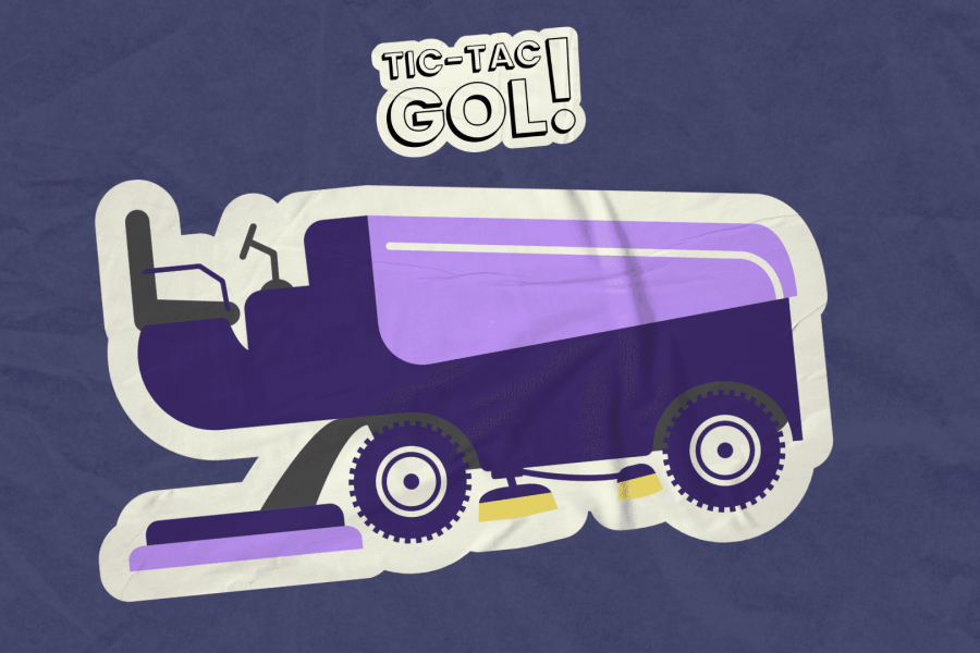fundo roxo com imagem de um zamboni na frente e o logo do tic-tac-gol!
