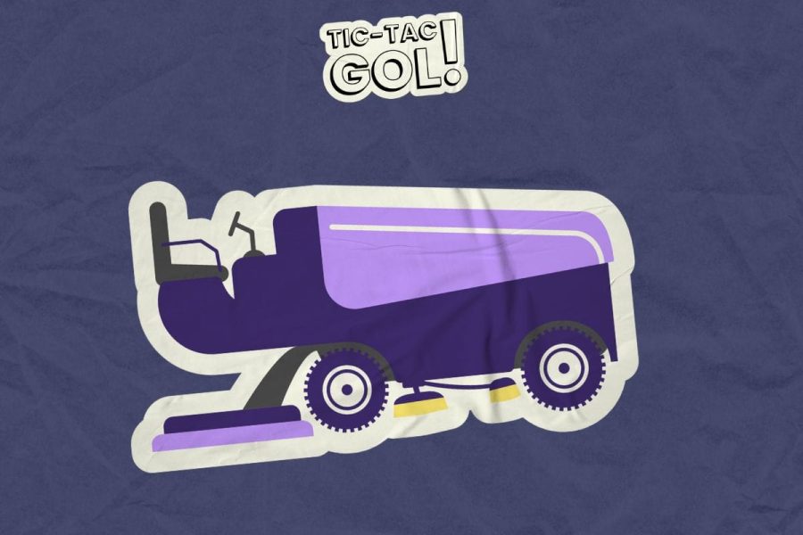Fundo roxo com o logo do Tic-Tac-Gol! e um desenho de um zamboni.