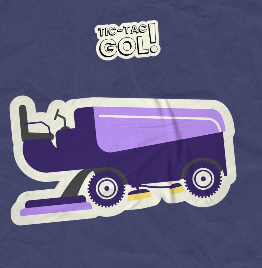 Fundo roxo com o logo do Tic-Tac-Gol! e um desenho de um zamboni.