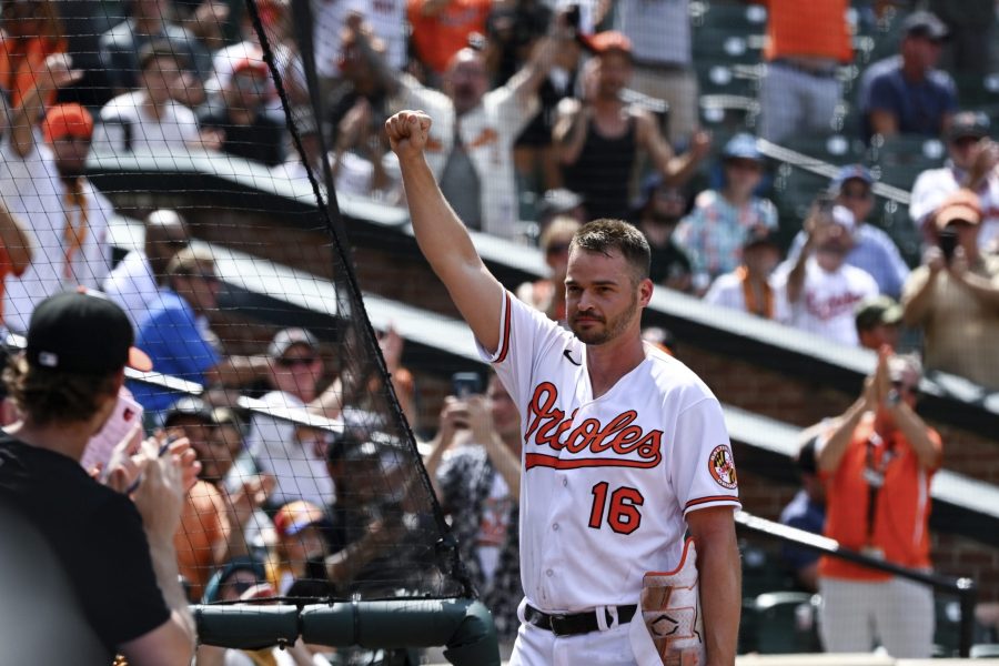 Baltimore Orioles designated hitter Trey Mancini (16) acknowledges the crowd during the ninth inning of a baseball game against the Tampa Bay Rays, Thursday, July 28, 2022, in Baltimore. (AP Photo/Terrance Williams)