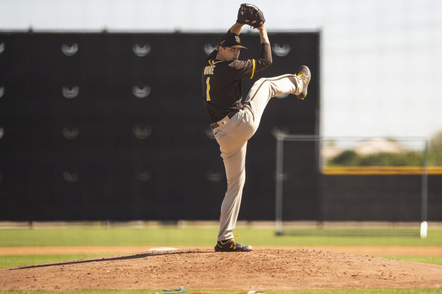 PEORIA, AZ - FEBRUARY 27: Pitcher MacKenzie Gore #1 of the San Diego Padres throws during a live batting practice session at the Peoria Sports Complex on February 27, 2021 in Peoria, Arizona. (Photo by Matt Thomas/San Diego Padres/Getty Images)