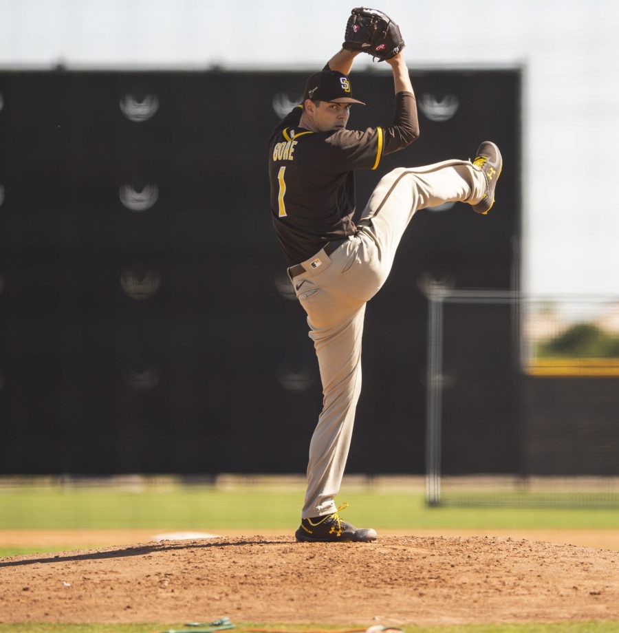 PEORIA, AZ - FEBRUARY 27: Pitcher MacKenzie Gore #1 of the San Diego Padres throws during a live batting practice session at the Peoria Sports Complex on February 27, 2021 in Peoria, Arizona. (Photo by Matt Thomas/San Diego Padres/Getty Images)