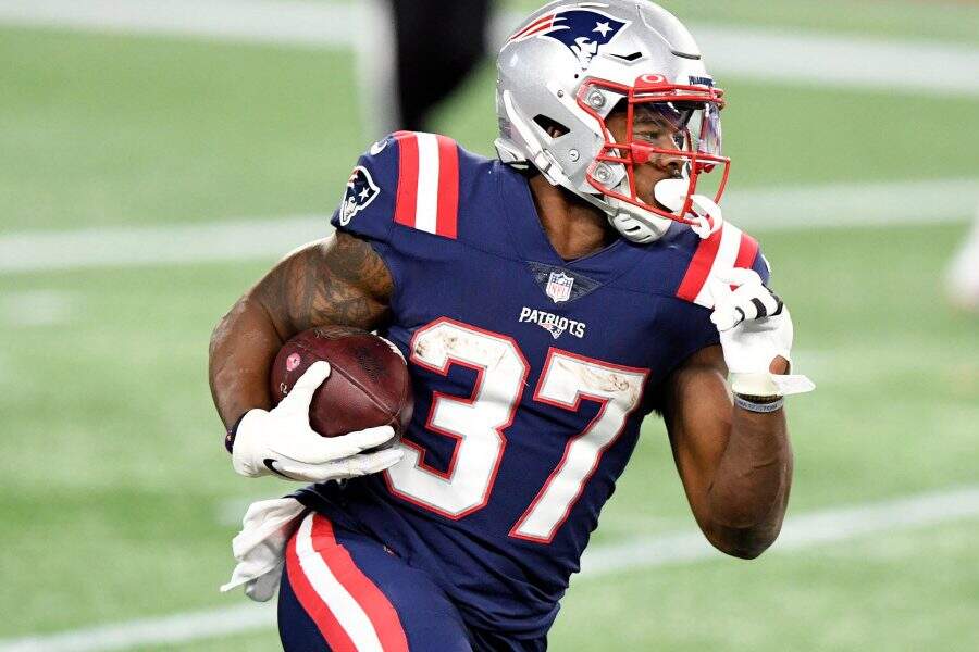 Oct 25, 2020; Foxborough, Massachusetts, USA; New England Patriots running back Damien Harris (37) runs with the ball against the San Francisco 49ers during the second half at Gillette Stadium. Mandatory Credit: Brian Fluharty-USA TODAY Sports