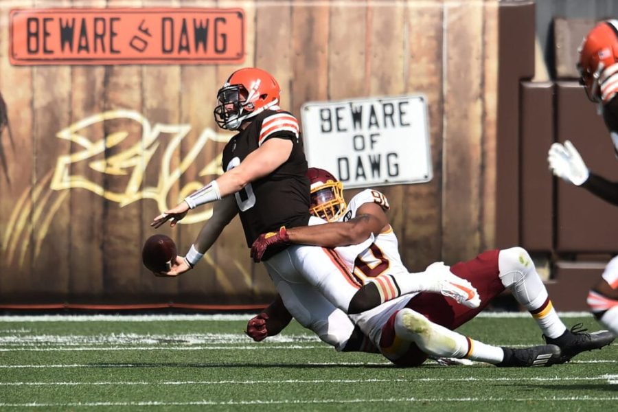 Sep 27, 2020; Cleveland, Ohio, USA; Washington Football Team defensive end Montez Sweat (90) sacks Cleveland Browns quarterback Baker Mayfield (6) during the second half at FirstEnergy Stadium. Mandatory Credit: Ken Blaze-USA TODAY Sports