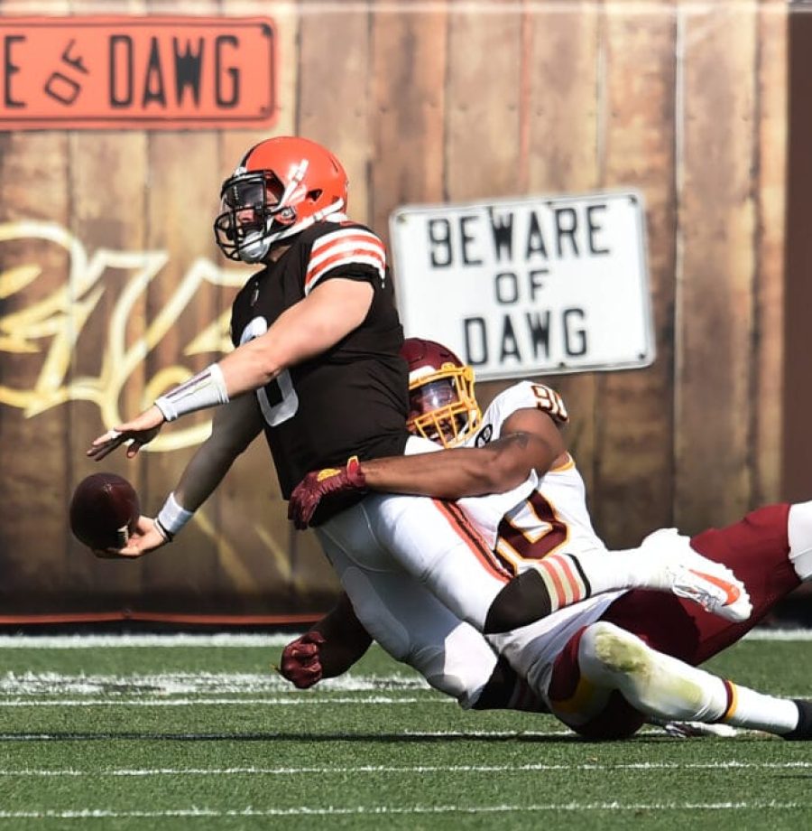 Sep 27, 2020; Cleveland, Ohio, USA; Washington Football Team defensive end Montez Sweat (90) sacks Cleveland Browns quarterback Baker Mayfield (6) during the second half at FirstEnergy Stadium. Mandatory Credit: Ken Blaze-USA TODAY Sports