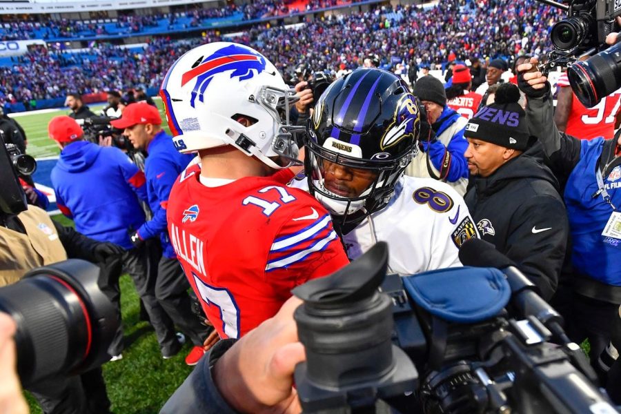 Baltimore Ravens quarterback Lamar Jackson (8) talks with Buffalo Bills quarterback Josh Allen (17) following an NFL football game in Orchard Park, N.Y., Sunday, Dec. 8, 2019. The Ravens won 24-17. (AP Photo/Adrian Kraus)