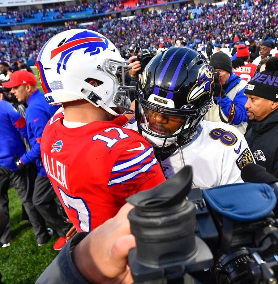 Baltimore Ravens quarterback Lamar Jackson (8) talks with Buffalo Bills quarterback Josh Allen (17) following an NFL football game in Orchard Park, N.Y., Sunday, Dec. 8, 2019. The Ravens won 24-17. (AP Photo/Adrian Kraus)