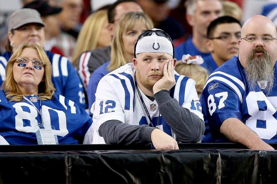 GLENDALE, AZ - NOVEMBER 24:  Fans of the Indianapolis Colts react during the NFL game against the Arizona Cardinals at the University of Phoenix Stadium on November 24, 2013 in Glendale, Arizona.  (Photo by Christian Petersen/Getty Images)