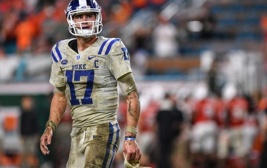 MIAMI, FL - NOVEMBER 03: Daniel Jones #17 of the Duke Blue Devils heads to the sidelines in the second half against the Miami Hurricanes at Hard Rock Stadium on November 3, 2018 in Miami, Florida. (Photo by Mark Brown/Getty Images)