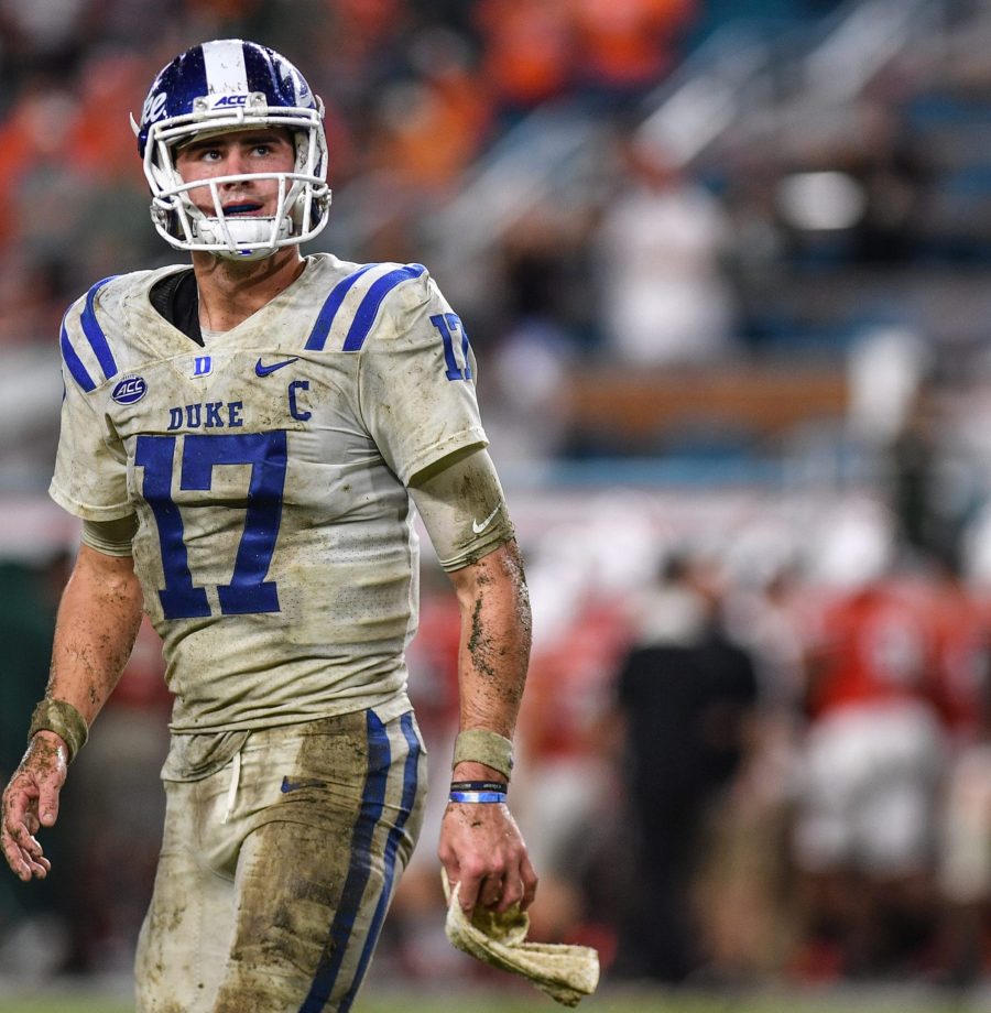 MIAMI, FL - NOVEMBER 03: Daniel Jones #17 of the Duke Blue Devils heads to the sidelines in the second half against the Miami Hurricanes at Hard Rock Stadium on November 3, 2018 in Miami, Florida. (Photo by Mark Brown/Getty Images)
