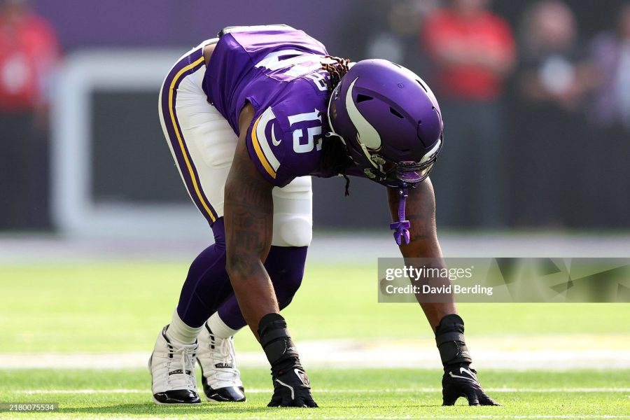 MINNEAPOLIS, MINNESOTA - OCTOBER 20: Dallas Turner #15 of the Minnesota Vikings readies for play against the Detroit Lions in the first quarter at U.S. Bank Stadium on October 20, 2024 in Minneapolis, Minnesota. The Lions defeated the Vikings 31-29. (Photo by David Berding/Getty Images)