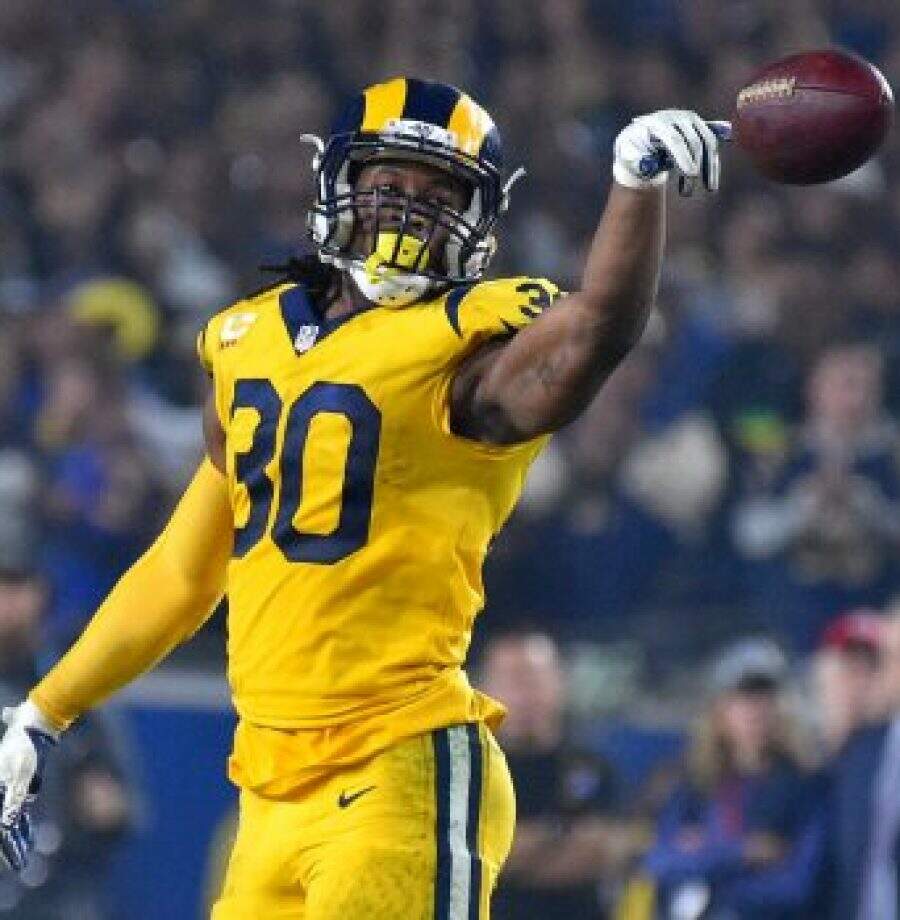 Los Angeles Rams running back Todd Gurley (30) celebrates after a first down at the Los Angeles Memorial Coliseum on Monday, Nov. 19, 2018. (Photo by Scott Varley, Daily Breeze/SCNG)