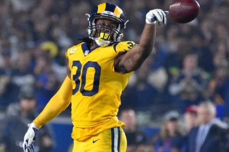 Los Angeles Rams running back Todd Gurley (30) celebrates after a first down at the Los Angeles Memorial Coliseum on Monday, Nov. 19, 2018. (Photo by Scott Varley, Daily Breeze/SCNG)