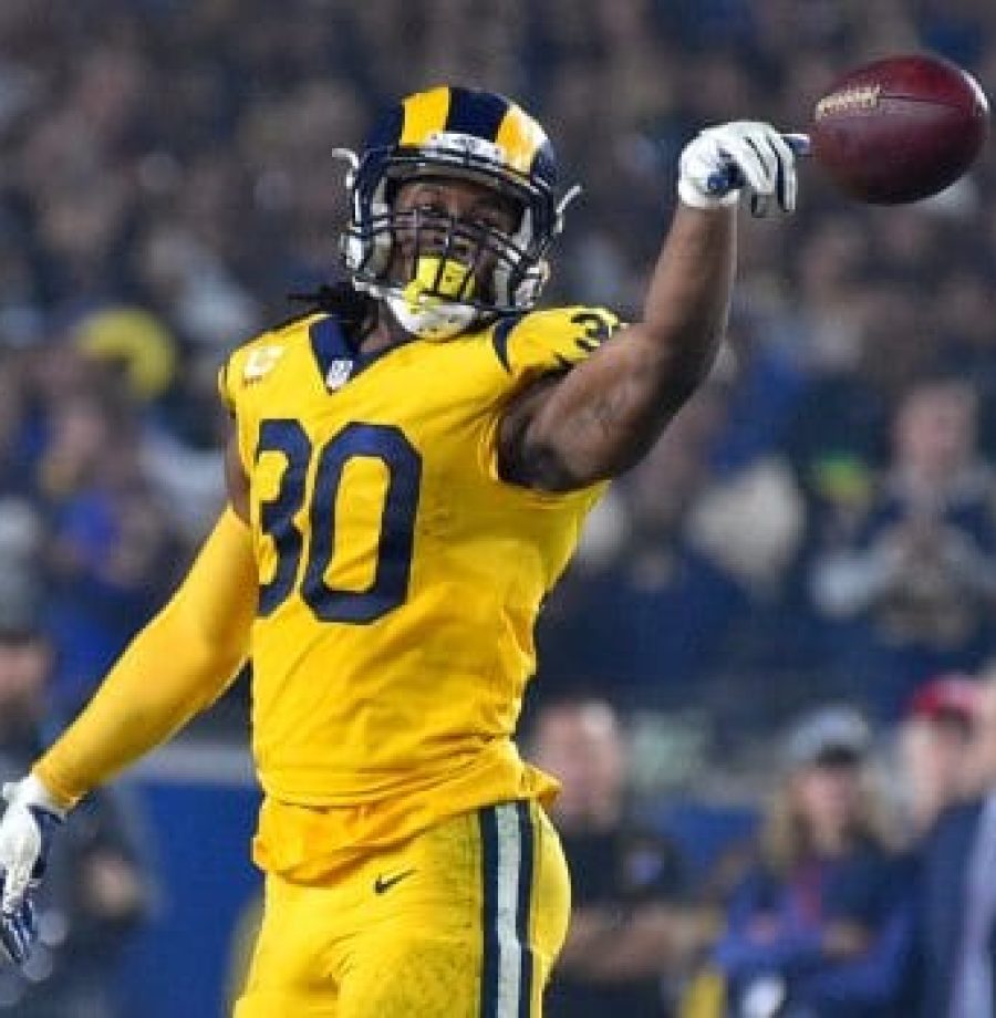 Los Angeles Rams running back Todd Gurley (30) celebrates after a first down at the Los Angeles Memorial Coliseum on Monday, Nov. 19, 2018. (Photo by Scott Varley, Daily Breeze/SCNG)