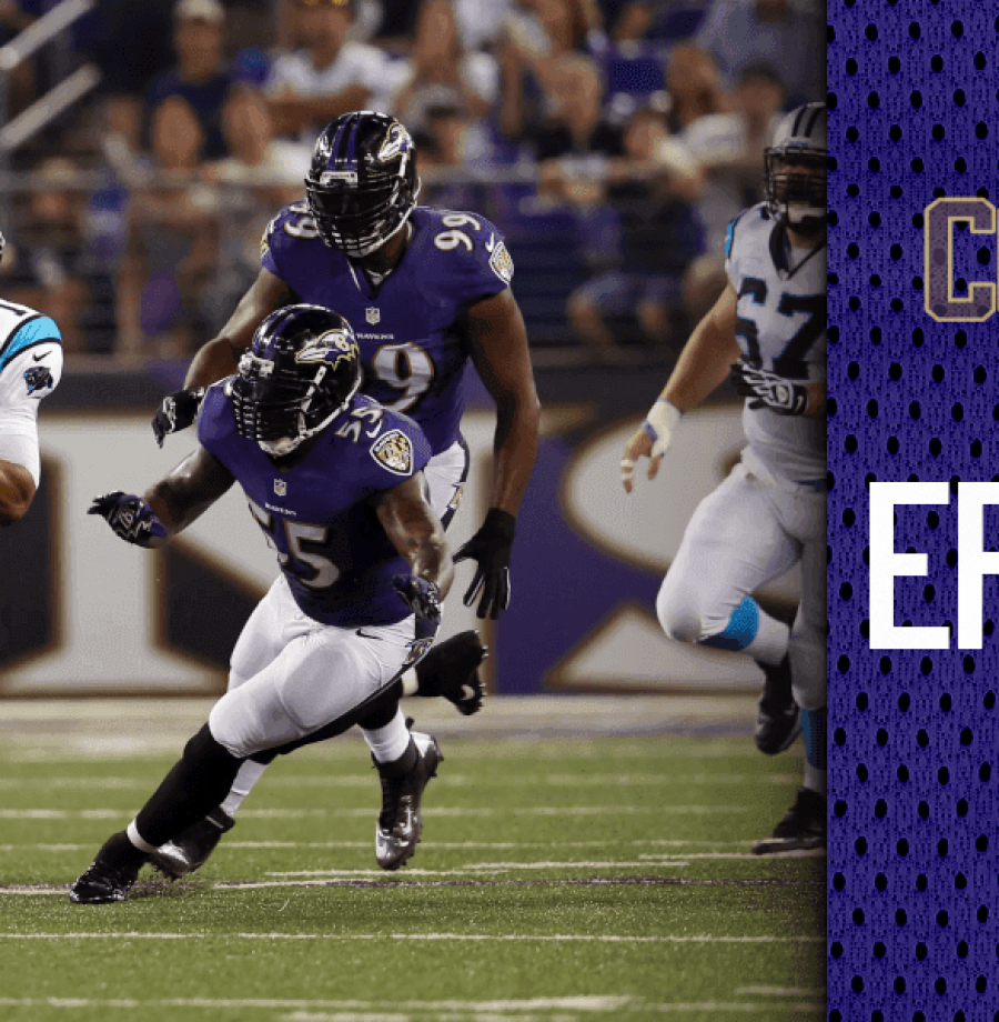 Cam Newton e Terrell Suggs no ultimo encontro entre Ravens e Panthers