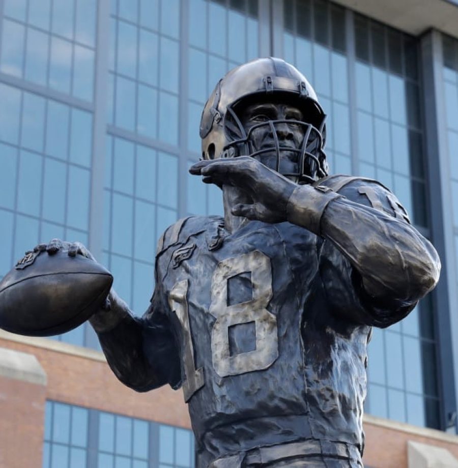 The Peyton Manning statue is seen outside of Lucas Oil Stadium, Saturday, Oct. 7, 2017, in Indianapolis. (AP Photo/Darron Cummings)