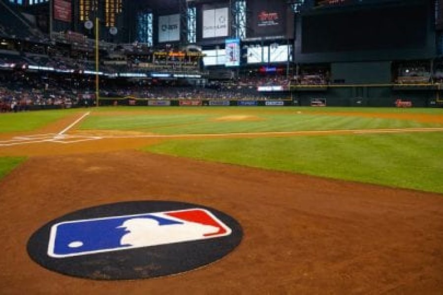 Apr 10, 2016; Phoenix, AZ, USA; Detailed view of the MLB logo in the on deck circle prior to the Arizona Diamondbacks game against the Chicago Cubs at Chase Field. Mandatory Credit: Mark J. Rebilas-USA TODAY Sports