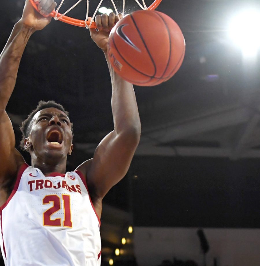 Jan 18, 2020; Los Angeles, California, USA;  USC Trojans forward Onyeka Okongwu (21) dunks the ball in the first half of the game against the Stanford Cardinal at Galen Center. Mandatory Credit: Jayne Kamin-Oncea-USA TODAY Sports