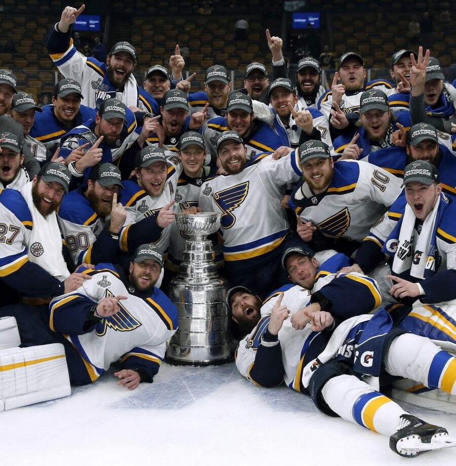 The St. Louis Blues celebrate with the Stanley Cup after they defeated the Boston Bruins in Game 7 of the NHL Stanley Cup Final, Wednesday, June 12, 2019, in Boston. (AP Photo/Michael Dwyer)