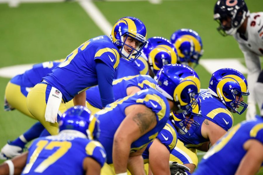 Los Angeles Rams quarterback Jared Goff (16) takes a snap against the Chicago Bears during the first half of an NFL football game Monday, Oct. 26, 2020, in Inglewood, Calif. (AP Photo/Kelvin Kuo )