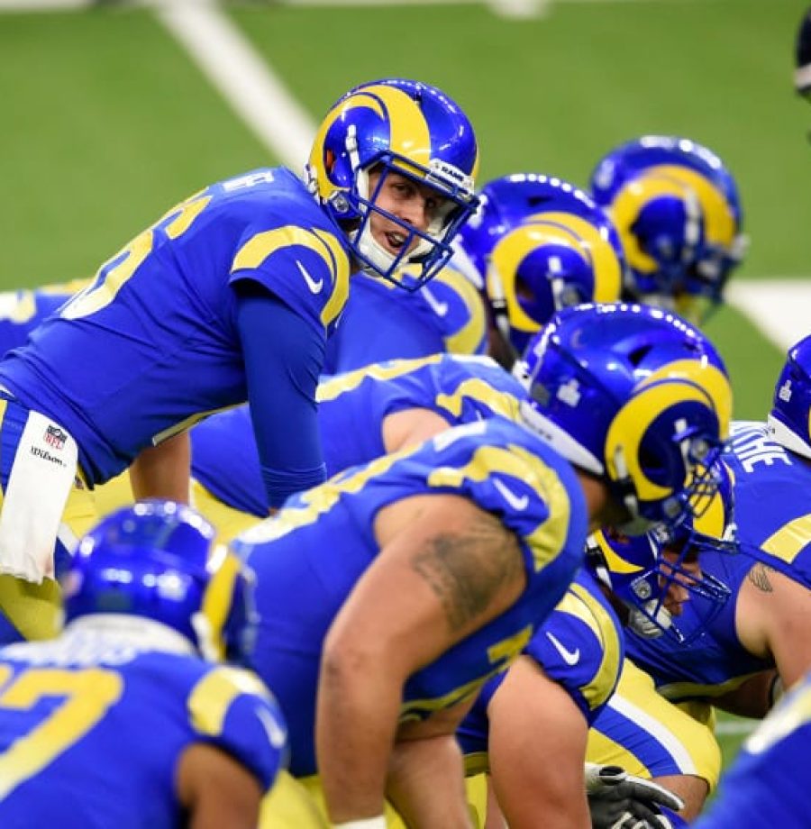 Los Angeles Rams quarterback Jared Goff (16) takes a snap against the Chicago Bears during the first half of an NFL football game Monday, Oct. 26, 2020, in Inglewood, Calif. (AP Photo/Kelvin Kuo )