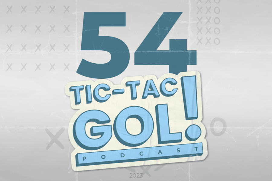 Fundo com gradiente branco e cinza com o número 54 em azul e o logo do Tic-Tac-Gol! em azul. Capa do episódio 54 intitulado "Tic-Tac-Gol! #54 - Fechando a temporada 2022-23 da NHL!"