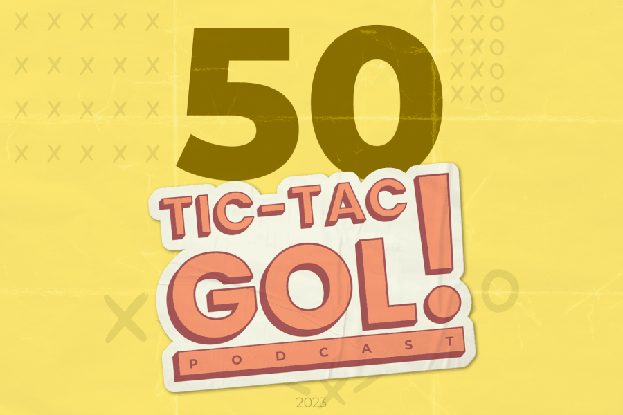 Fundo amarelo com oo número 50 e logo do Tic-Tac-Gol!. O nome do episódio é "Trade Deadline da NHL e bagunça organizada"