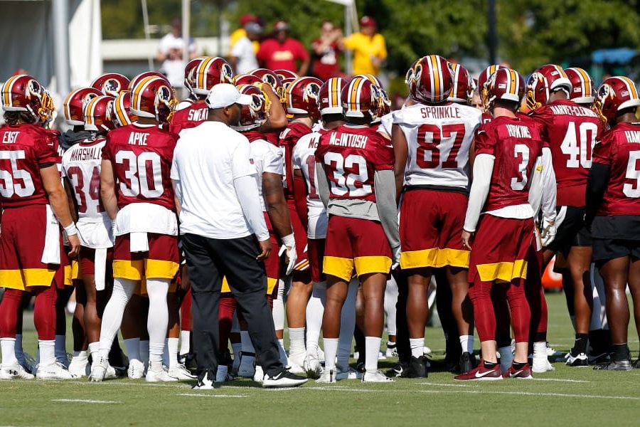 Jul 25, 2019; Richmond, VA, USA; Washington Redskins players huddle during practice on day one of training camp at Bon Secours Washington Redskins Training Center. Mandatory Credit: Geoff Burke-USA TODAY Sports